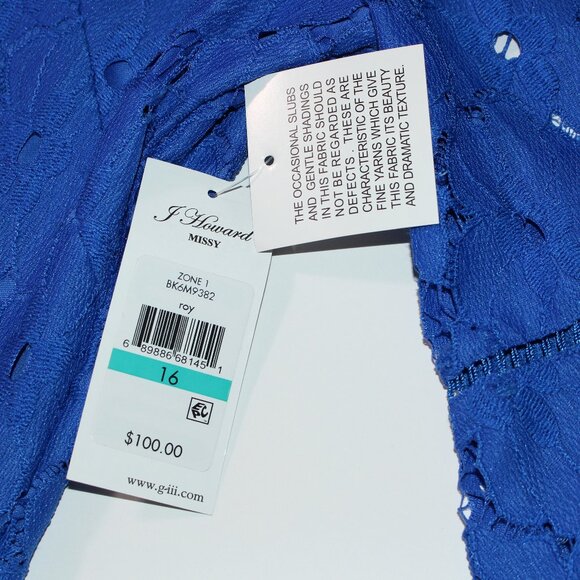 J Howard Blue Floral Lace Overlay Dress Size 16 V-Neck with Ruffled Sleeves - Picture 11 of 11